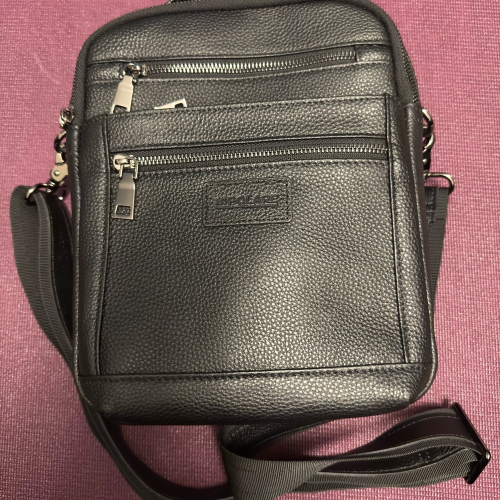 Black Messenger Bag with Textured Leather and Adjustable Strap